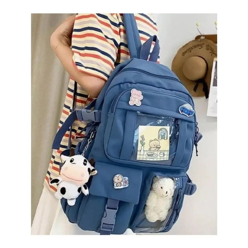 Kids Large Blue Canvas Backpack Pins Badges Plush Cow Keychain Padded New